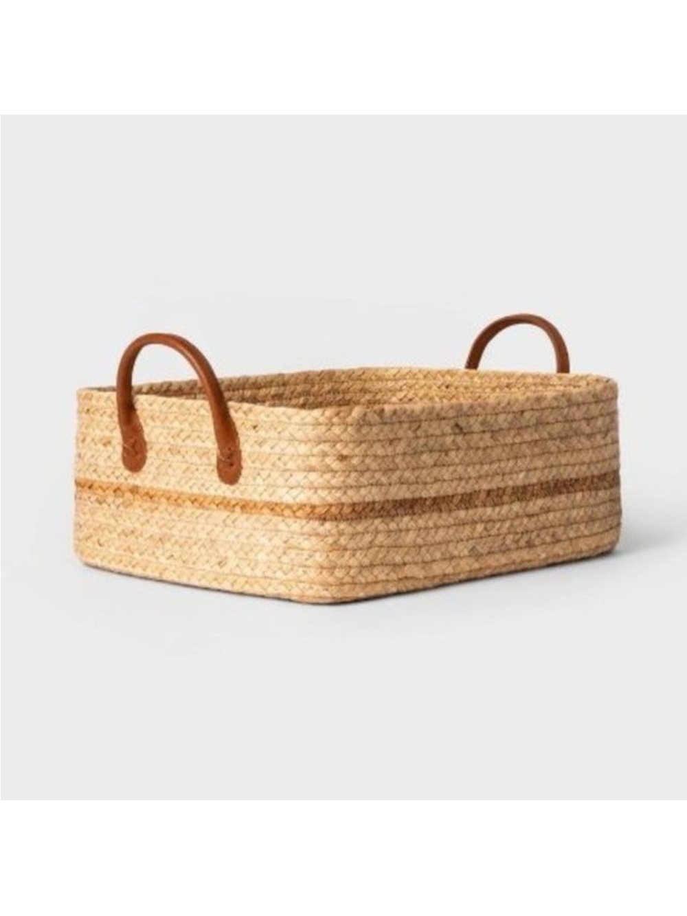 Threshold Braided Water Hyacinth Folio Basket with Faux Leather Handles NEW